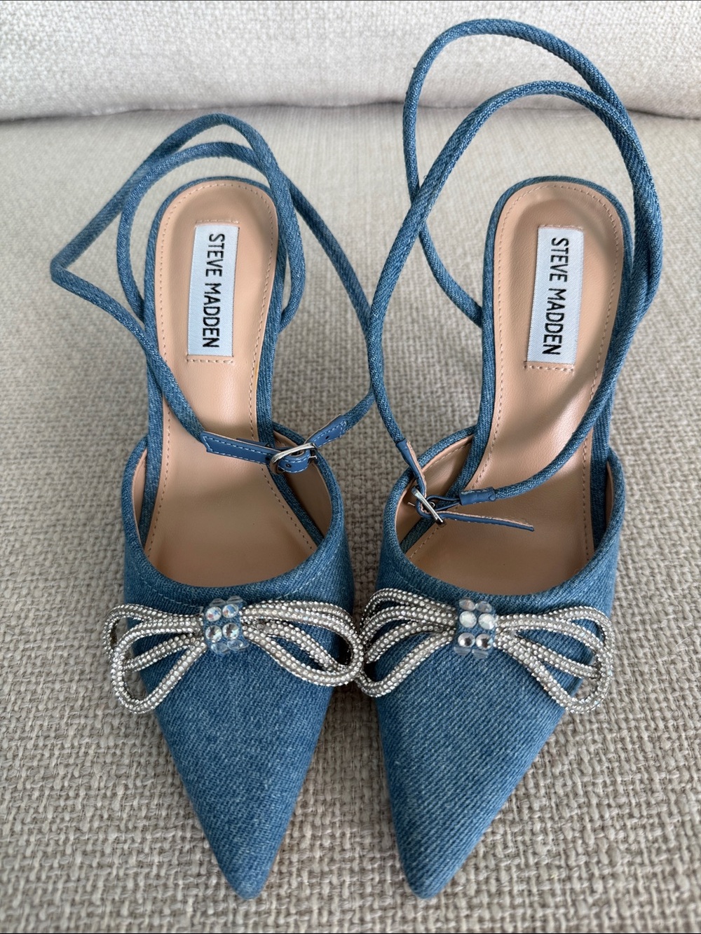 Steve Madden Denim Pointed Toe Slingbacks with Crystal Bow